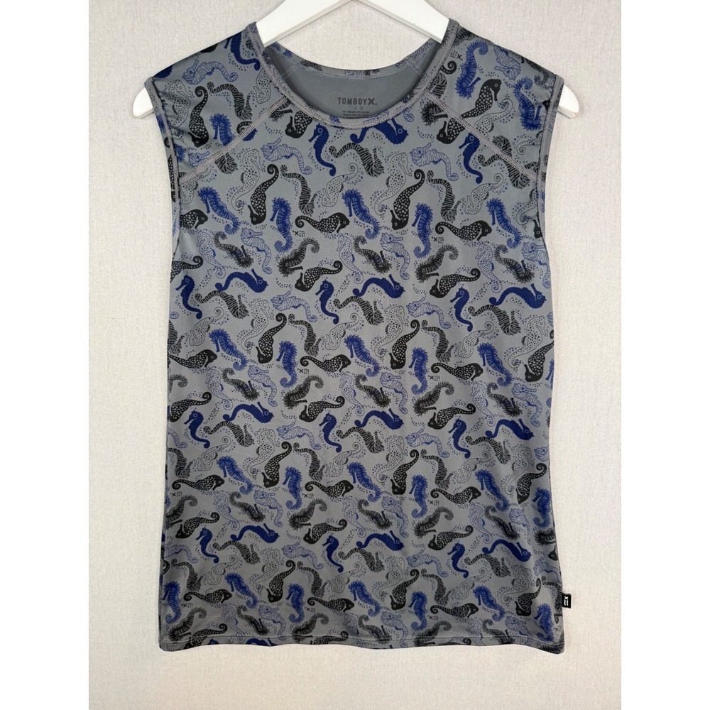 TomboyX Muscle Swim Tank Unisex‎ L Gray Seahorse Print Sleeveless Active Top